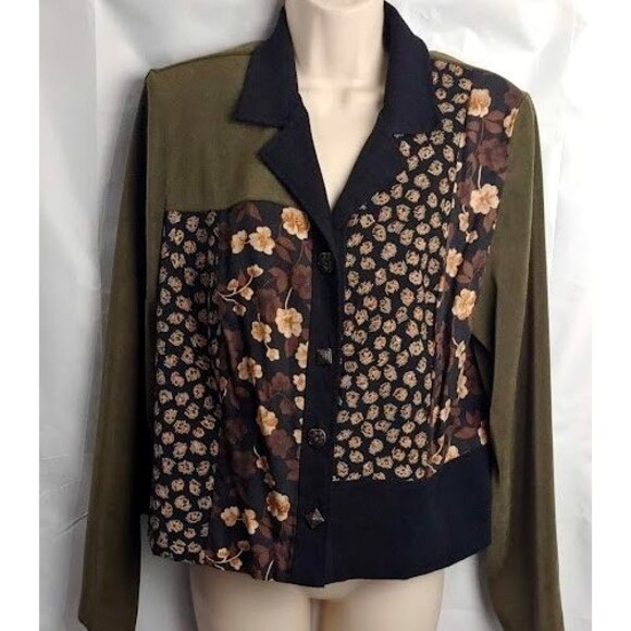 Sag Harbor Women's Blazer Jacket 14 Green Floral Patchwork Button Front Lined - Picture 2 of 8
